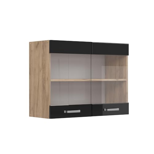 Vicco Küchenschrank Glas R-Line, Schwarz Hochglanz/Goldkraft Eiche, 80 cm von Vicco