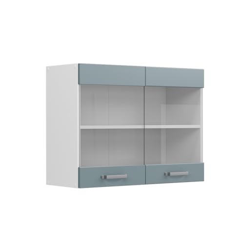 Vicco Hängeschrank R-Line, Blau-Grau/Weiß, 80 cm mit Glastüren von Vicco