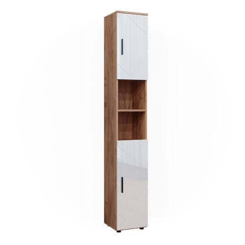 Vicco Badschrank Irma, Eiche/Weiß Hochglanz, 30 x 192 cm mit Türen, und offenen Fächern von Vicco