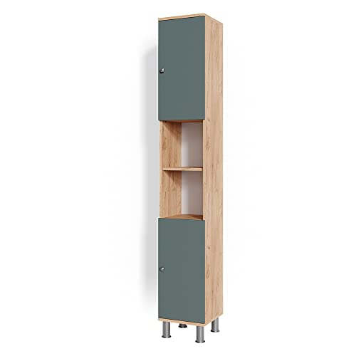 Vicco Badschrank Fynn, Badezimmerhochschrank, Goldkraft Eiche/Grün, 30 x 190 cm von Vicco