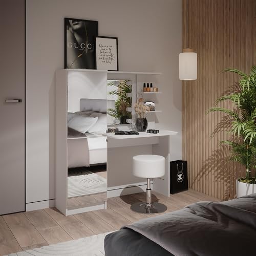 Vicco Schminktisch, Kosmetiktisch mit Spiegel, Weiß, 123 cm mit LED-Beleuchtung und Hocker von Vicco