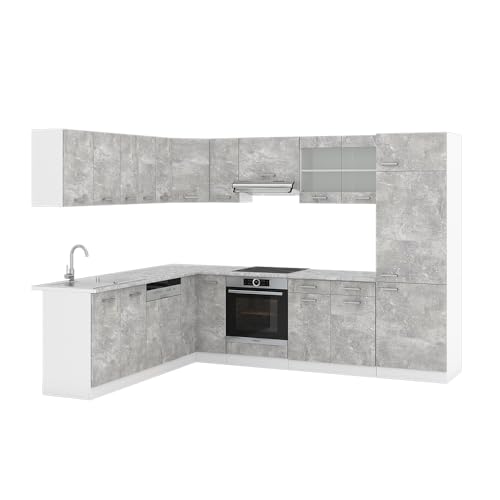 Vicco Eckküche R-Line, Küchenzeile in L-Form, Beton/Weiß, 227 x 287 cm, AP Marmor von Vicco