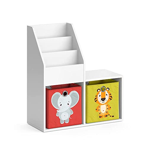 Vicco Kinderregal Luigi Weiß Spielzeugablage Bücherregal Aufbewahrungsregal Comic Regal für Kinder (Weiß (Bank 2 Fächer), mit Faltboxen (Elefant/Tiger)) von Vicco
