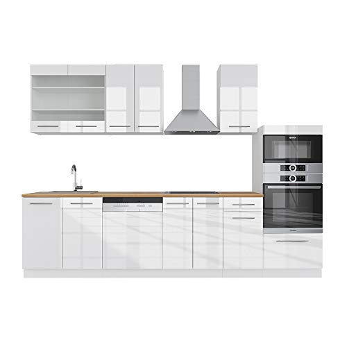 Vicco Küchenzeile Fame-Line, Weiß Hochglanz/Weiß, 300 cm mit Hochschrank, ohne Arbeitsplatte von Vicco