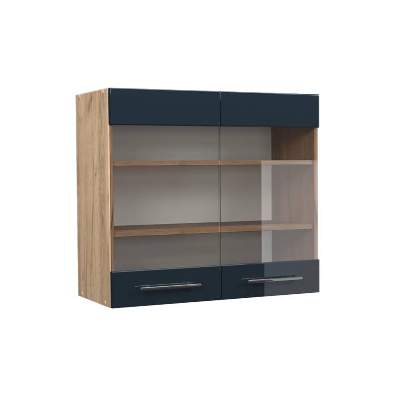 Vicco Küchenglasschrank Fame-Line Dunkelblau Hochglanz/Goldkraft Eiche 80 cm von Vicco