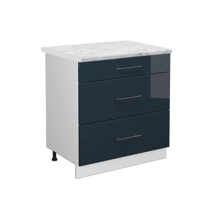 Vicco Küchenschränke Fame-Line Dunkelblau Hochglanz 80 cm mit 3 Schubladen AP Marmor von Vicco