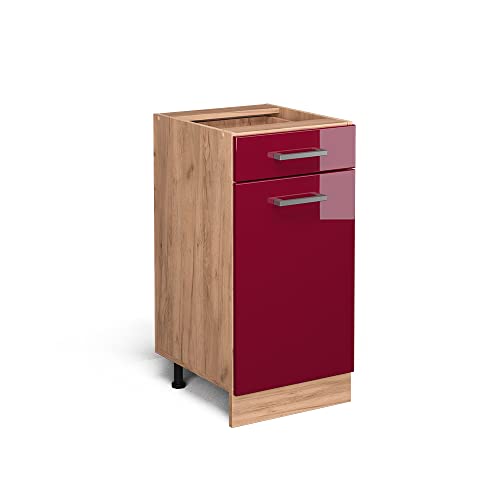 Vicco Küchenunterschrank R-Line, Bordeaux Hochglanz/Goldkraft Eiche, 40 cm ohne Arbeitsplatte von Vicco