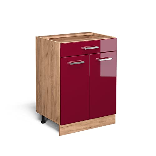 Vicco Küchenunterschrank R-Line, Bordeaux Hochglanz/Goldkraft Eiche, 60 cm mit Schublade, ohne Arbeitsplatte von Vicco