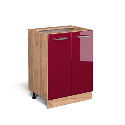 Vicco Küchenunterschrank R-Line, Bordeaux Hochglanz/Goldkraft Eiche, 60 cm ohne Arbeitsplatte von Vicco
