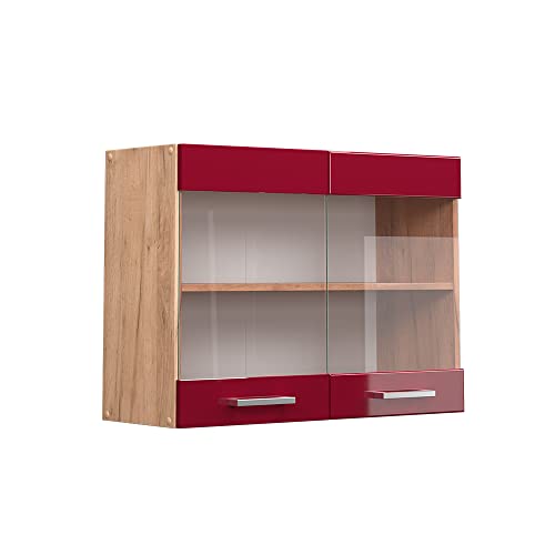 Vicco Küchenschrank Glas R-Line, Bordeaux Hochglanz/Goldkraft Eiche, 80 cm von Vicco