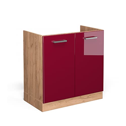 Vicco Spülenunterschrank R-Line, Bordeaux Hochglanz/Goldkraft Eiche, 80 cm ohne Arbeitsplatte von Vicco