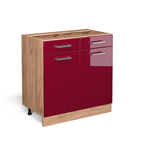 Vicco Küchenunterschrank R-Line, Bordeaux Hochglanz/Goldkraft Eiche, 80 cm ohne Arbeitsplatte von Vicco