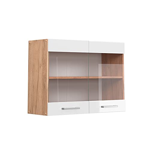 Vicco Küchenglasschrank R-Line, Glashängeschrank, Weiß Hochglanz/Goldkraft Eiche, 80 cm von Vicco