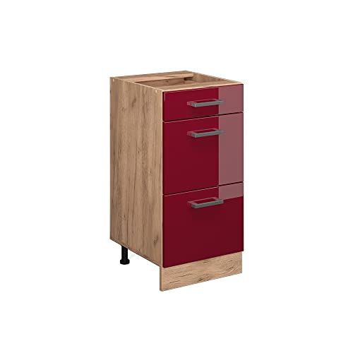 Vicco Küchenunterschrank R-Line, Bordeaux Hochglanz/Goldkraft Eiche, 40 cm mit Schubladen, ohne Arbeitsplatte von Vicco