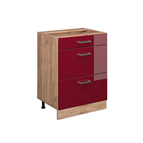 Vicco Küchenunterschrank R-Line, Bordeaux Hochglanz/Goldkraft Eiche, 60 cm mit Schubladen, ohne Arbeitsplatte von Vicco