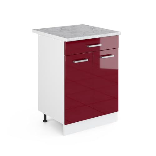 Vicco Küchenunterschrank R-Line, Bordeaux Hochglanz/Weiß, 60 cm mit Schublade, AP Marmor von Vicco