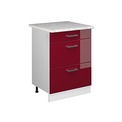 Vicco Küchenunterschrank R-Line, Bordeaux Hochglanz/Weiß, 60 cm mit Schubladen, und Arbeitsplatte von Vicco