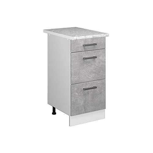 Vicco Küchenunterschrank R-Line, Beton/Weiß, 40 cm mit Schubladen, und Arbeitsplatte von Vicco