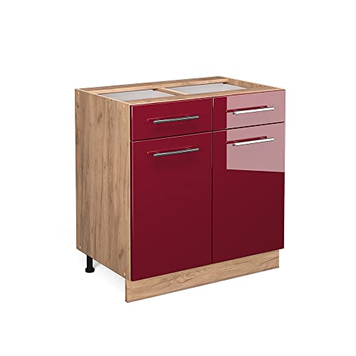 Vicco Küchenunterschrank Fame-Line, Bordeaux Hochglanz/Goldkraft Eiche, 80 cm ohne Arbeitsplatte von Vicco