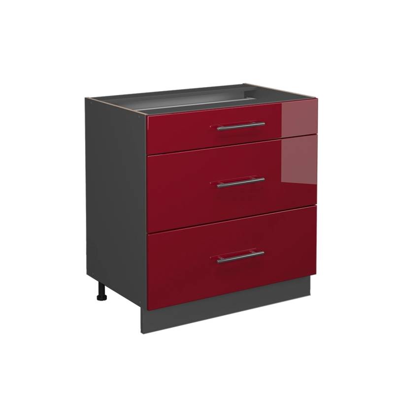Vicco Küchenunterschrank Fame-Line Bordeaux Hochglanz/Anthrazit 80 cm mit 3 Schubladen AP Anthrazit von Vicco
