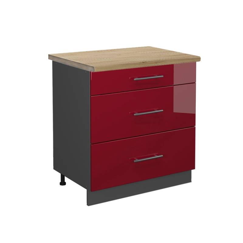 Vicco Küchenunterschrank Fame-Line Bordeaux Hochglanz/Anthrazit 80 cm mit 3 Schubladen AP Eiche von Vicco