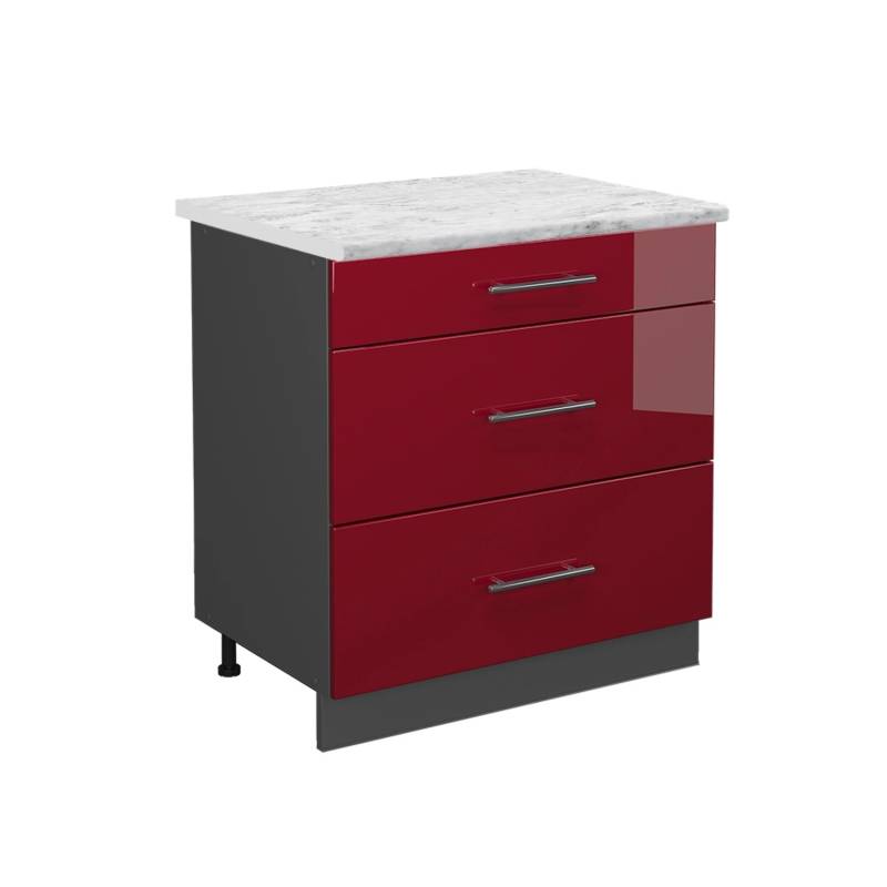 Vicco Küchenunterschrank Fame-Line Bordeaux Hochglanz/Anthrazit 80 cm mit 3 Schubladen AP Marmor von Vicco