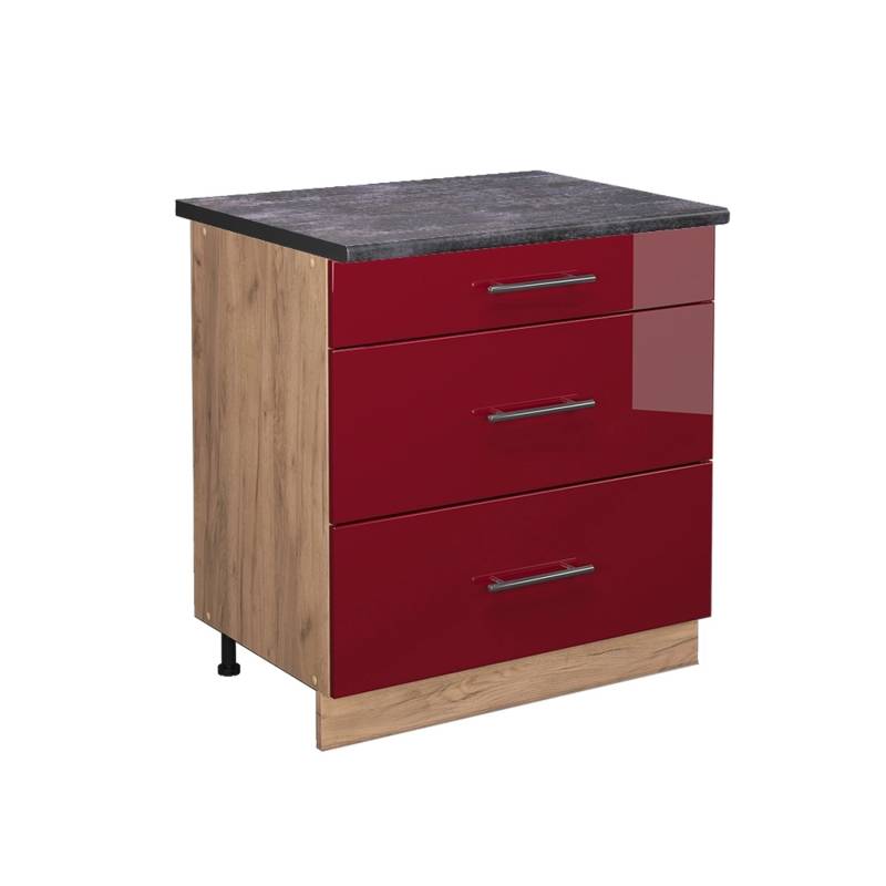 Vicco Küchenunterschrank Fame-Line Bordeaux Hochglanz/Goldkraft Eiche 80 cm mit 3 Schubladen AP Anthrazit von Vicco