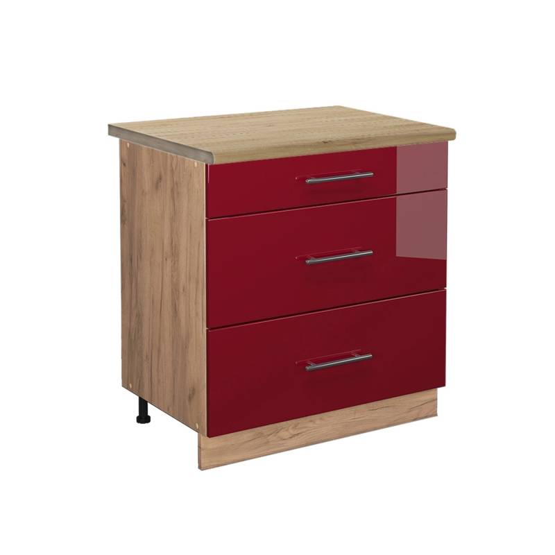 Vicco Küchenunterschrank Fame-Line Bordeaux Hochglanz/Goldkraft Eiche 80 cm mit 3 Schubladen AP Eiche von Vicco