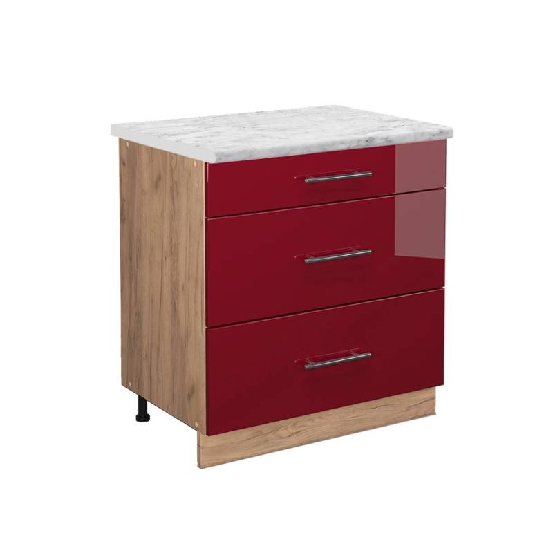 Vicco Küchenunterschrank Fame-Line Bordeaux Hochglanz/Goldkraft Eiche 80 cm mit 3 Schubladen AP Marmor von Vicco