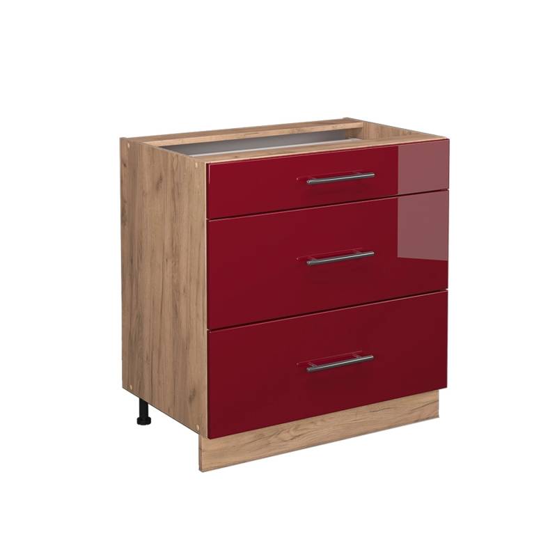 Vicco Küchenunterschrank Fame-Line Bordeaux Hochglanz/Goldkraft Eiche 80 cm mit 3 Schubladen ohne Arbeitsplatte von Vicco