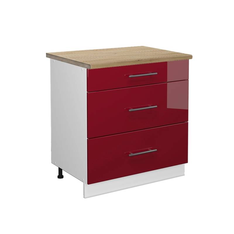 Vicco Küchenunterschrank Fame-Line Bordeaux Hochglanz/Weiß 80 cm mit 3 Schubladen AP Eiche von Vicco