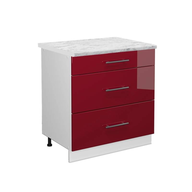 Vicco Küchenunterschrank Fame-Line Bordeaux Hochglanz/Weiß 80 cm mit 3 Schubladen AP Marmor von Vicco