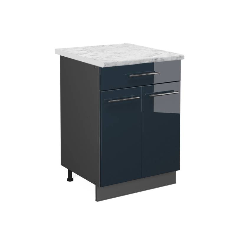 Vicco Küchenunterschrank Fame-Line Dunkelblau Hochglanz/Anthrazit 60 cm mit Schublade AP Marmor von Vicco