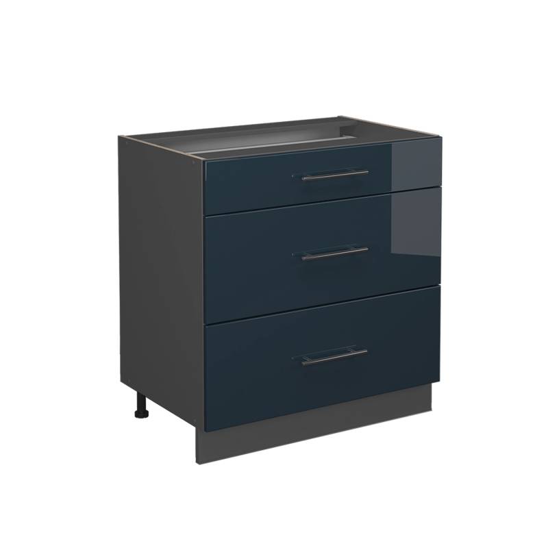 Vicco Küchenunterschrank Fame-Line Dunkelblau Hochglanz/Anthrazit 80 cm mit 3 Schubladen AP Eiche von Vicco