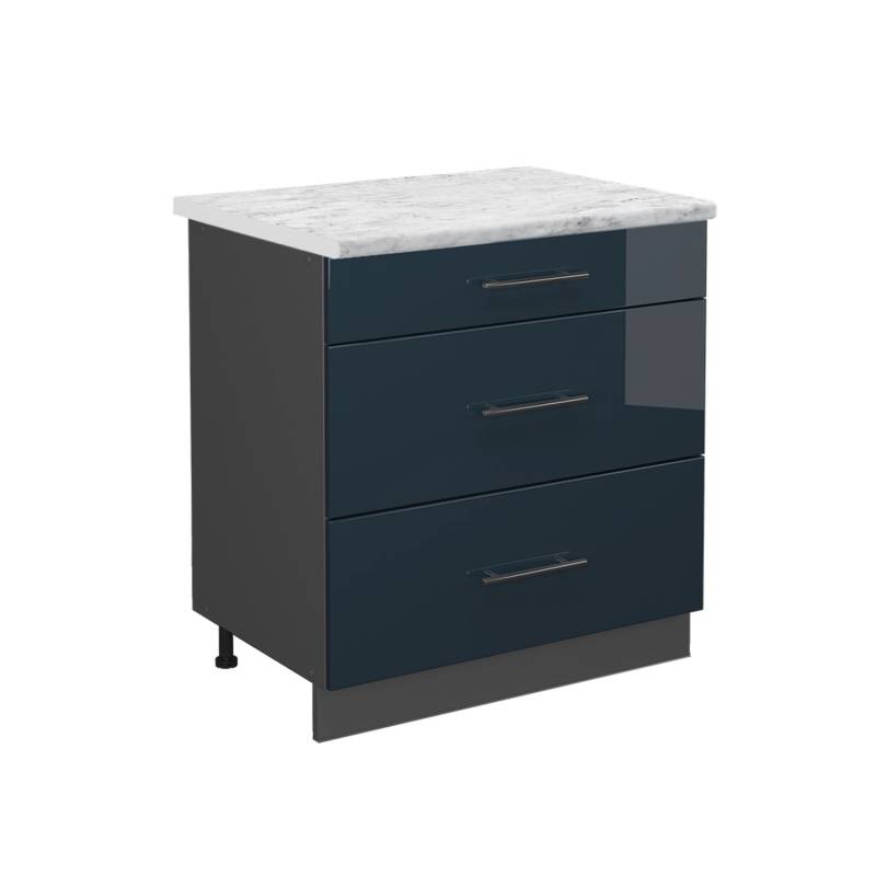 Vicco Küchenunterschrank Fame-Line Dunkelblau Hochglanz/Anthrazit 80 cm mit 3 Schubladen AP Marmor von Vicco