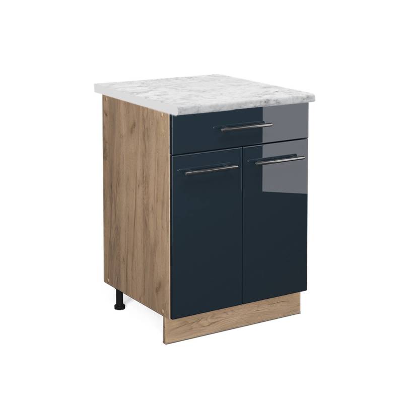Vicco Küchenunterschrank Fame-Line Dunkelblau Hochglanz/Goldkraft Eiche 60 cm mit Schublade AP Marmor von Vicco
