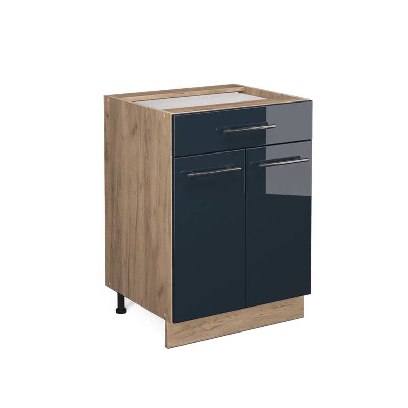 Vicco Küchenunterschrank Fame-Line Dunkelblau Hochglanz/Goldkraft Eiche 60 cm mit Schublade ohne Arbeitsplatte von Vicco