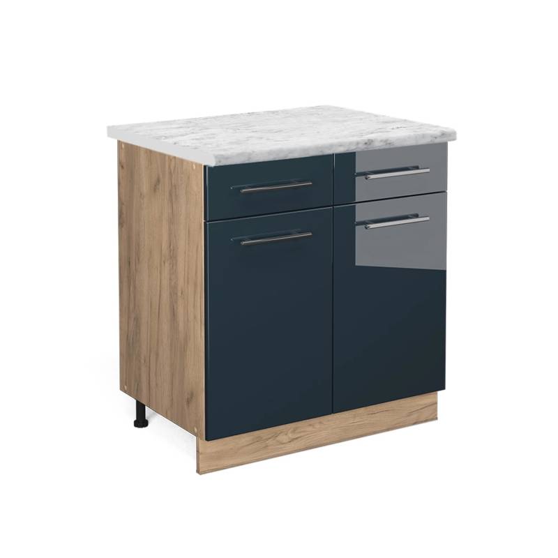 Vicco Küchenunterschrank Fame-Line Dunkelblau Hochglanz/Goldkraft Eiche 80 cm AP Marmor von Vicco