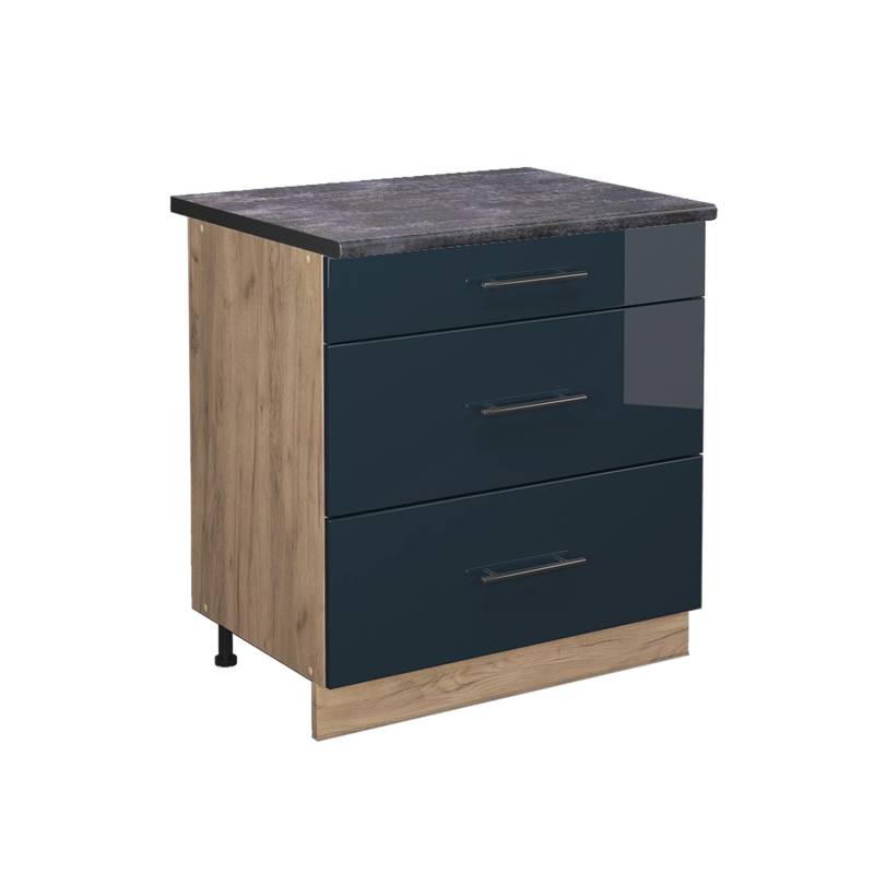 Vicco Küchenunterschrank Fame-Line Dunkelblau Hochglanz/Goldkraft Eiche 80 cm mit 3 Schubladen AP Anthrazit von Vicco