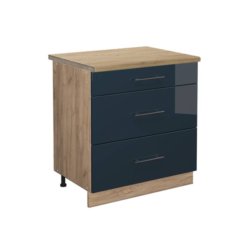 Vicco Küchenunterschrank Fame-Line Dunkelblau Hochglanz/Goldkraft Eiche 80 cm mit 3 Schubladen AP Eiche von Vicco