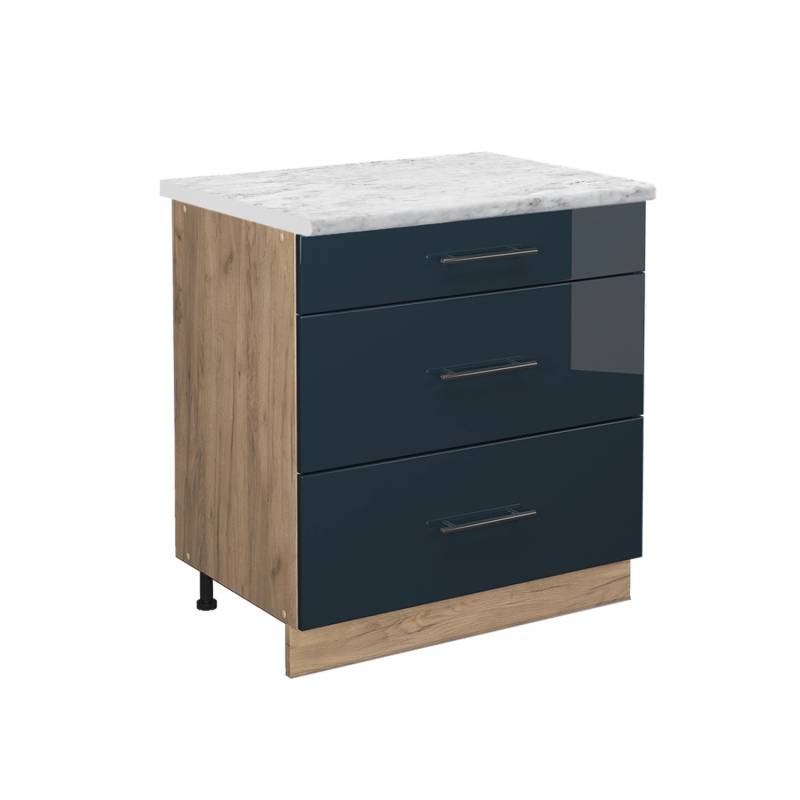 Vicco Küchenunterschrank Fame-Line Dunkelblau Hochglanz/Goldkraft Eiche 80 cm mit 3 Schubladen AP Marmor von Vicco