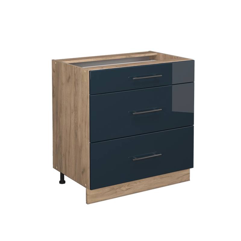 Vicco Küchenunterschrank Fame-Line Dunkelblau Hochglanz/Goldkraft Eiche 80 cm mit 3 Schubladen ohne Arbeitsplatte von Vicco