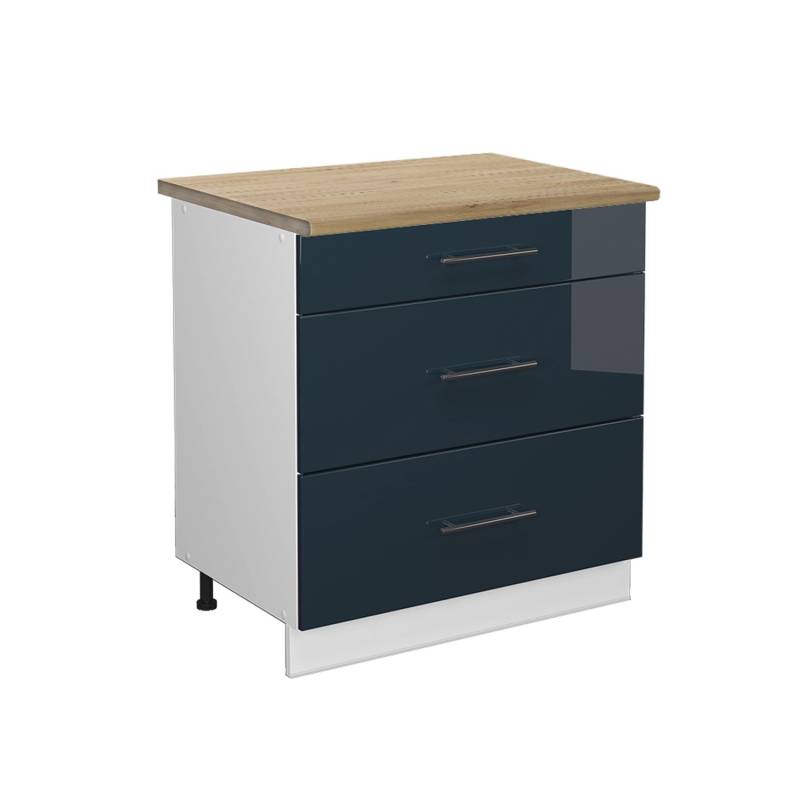 Vicco Küchenunterschrank Fame-Line Dunkelblau Hochglanz/Weiß 80 cm mit 3 Schubladen AP Eiche von Vicco