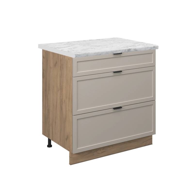 Vicco Küchenunterschrank Fame-Line GrauBeige 80 cm mit 3 Schubladen AP Marmor mit Goldkraft Eiche Korpus von Vicco