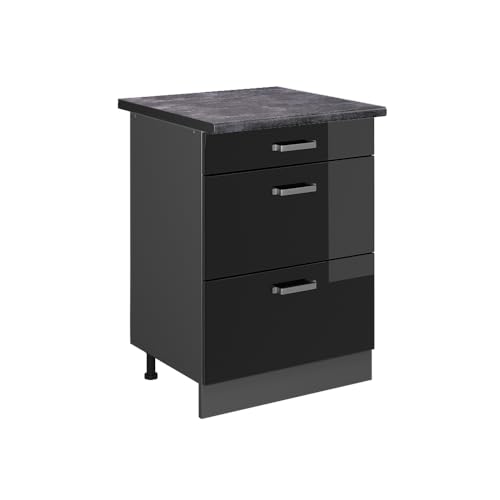 Vicco Küchenunterschrank R-Line, Schwarz Hochglanz/Anthrazit, 60 cm mit Schubladen, AP Anthrazit Vicco Küchenunterschrank R-Line, Schwarz Hochglanz/Anthrazit, 60 cm mit Schubladen, AP Anthrazit von Vicco
