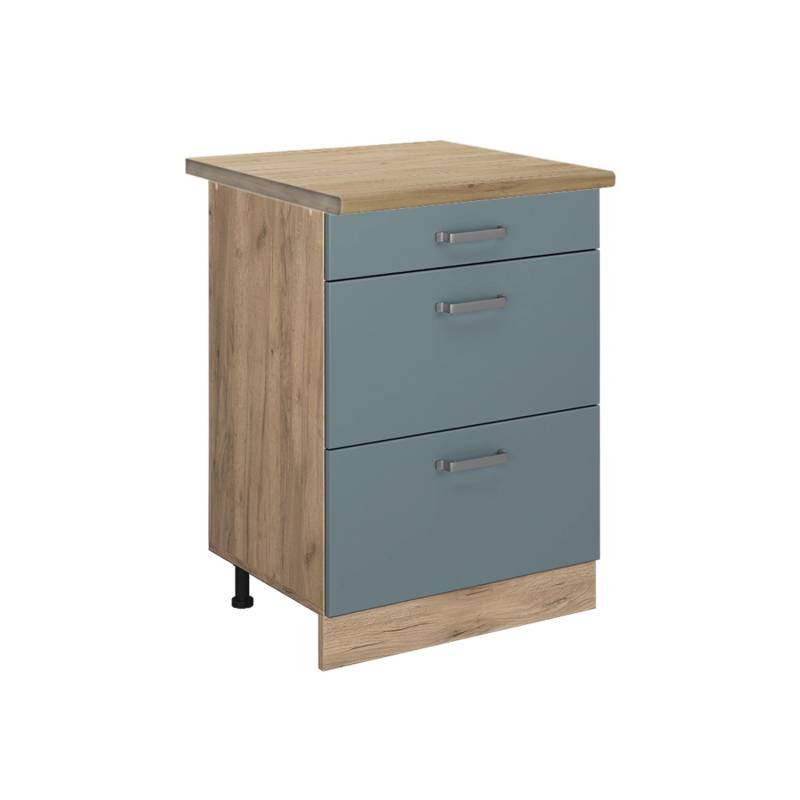 Vicco Küchenunterschrank R-Line Blau-Grau/Goldkraft Eiche 60 cm mit Schubladen AP Eiche von Vicco