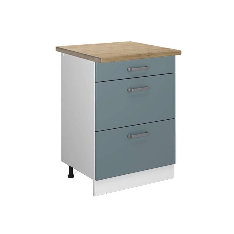 Vicco Küchenunterschrank R-Line Blau-Grau/Weiß 60 cm mit Schubladen AP Eiche von Vicco