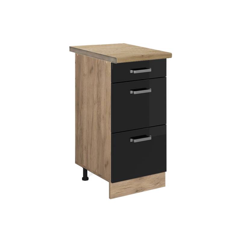 Vicco Küchenunterschrank R-Line Schwarz Hochglanz/Goldkraft Eiche 40 cm mit Schubladen AP Eiche von Vicco