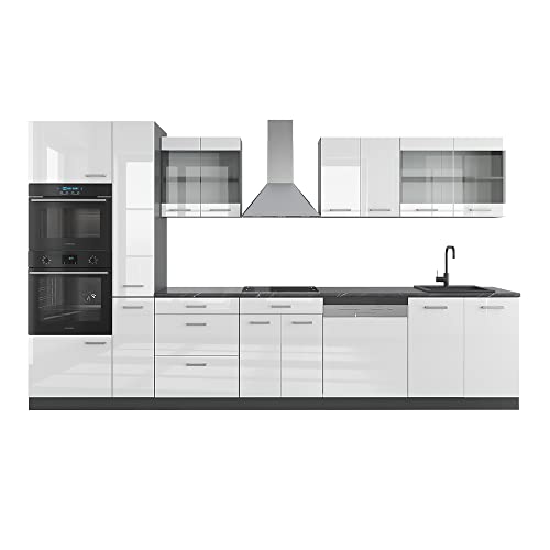 Vicco Küchenzeile R-Line, Weiß Hochglanz/Anthrazit, 350 cm mit Hochschrank, ohne Arbeitsplatte von Vicco