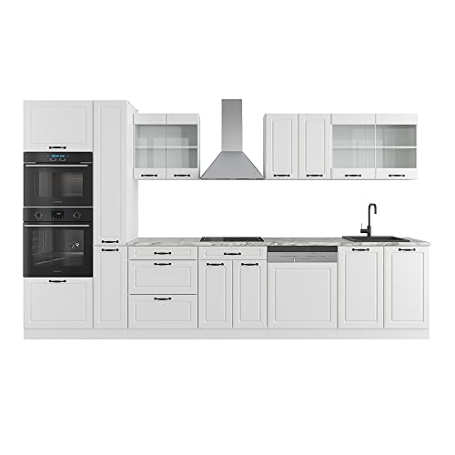 Vicco Küchenzeile R-Line, Weiß Landhaus/Weiß, 350 cm mit Hochschrank, ohne Arbeitsplatte von Vicco